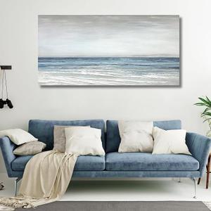 TRAIN2 ART Abstract Wall Art Painting Wall Decor Large Artwork Textured Blue and White Sea Background Canvas Wall Art for Living Room Bedroom Home Decor 24"x48"