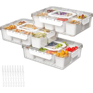 REBECAT Divided Serving Tray with Lid and Handles 8 Compartments Snack Box Container Charcuterie Organizer Snackle Box Container for Candy, Nuts，Fruits, Snacks, 3 Pack, White