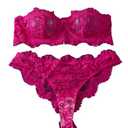 WDIRARA Women's 2 Piece Exotic Lingerie Set Floral Lace Mesh Sheer Strapless Bra and Panty Set Hot Pink Medium