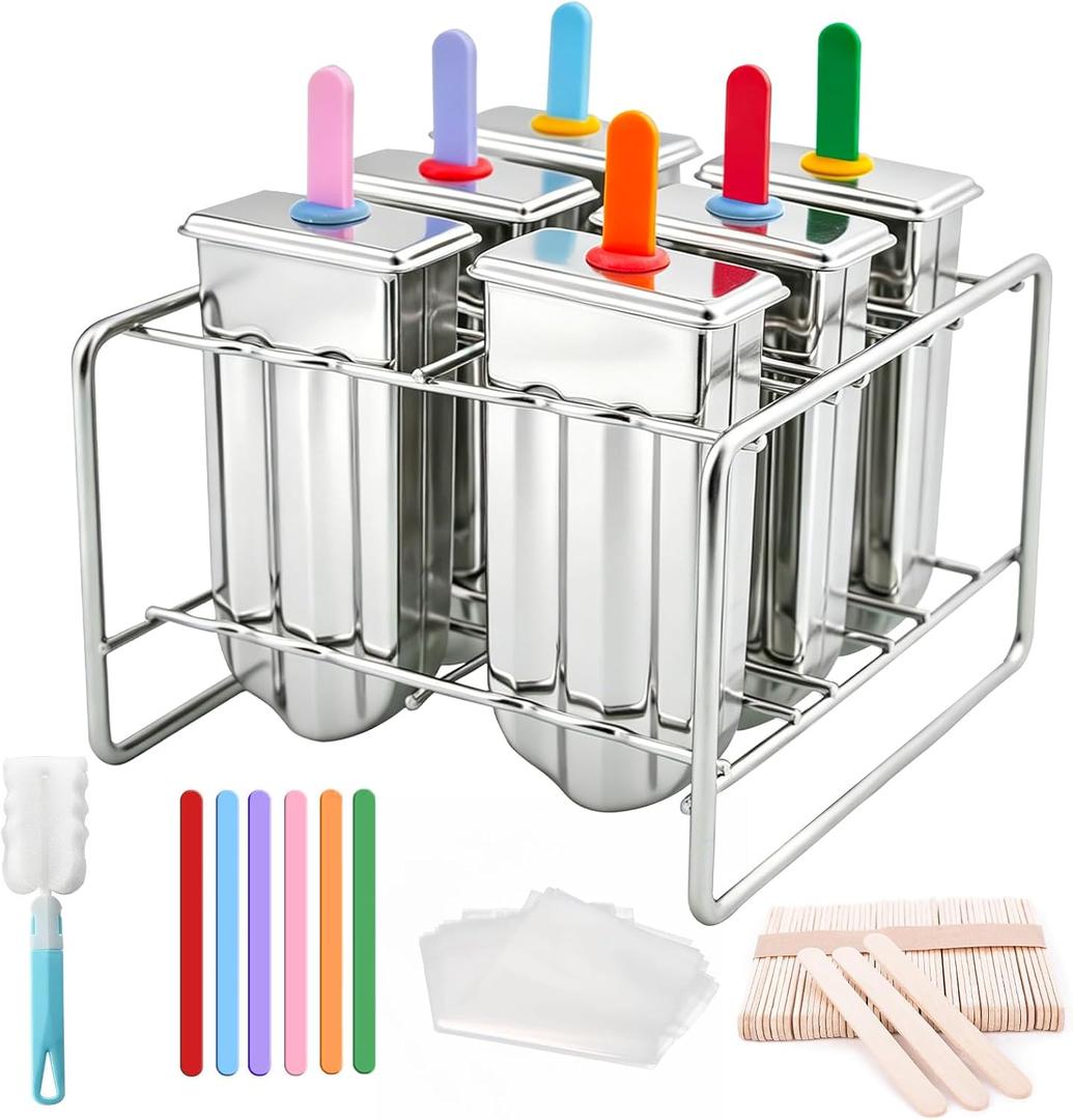 6-Piece Stainless Steel Popsicle Molds, Reusable Homemade Ice Pop Molds with Stand, Eco-Friendly for Kids & Adults, Includes Colorful Acrylic Sticks, Wooden Sticks & BagsRound Head