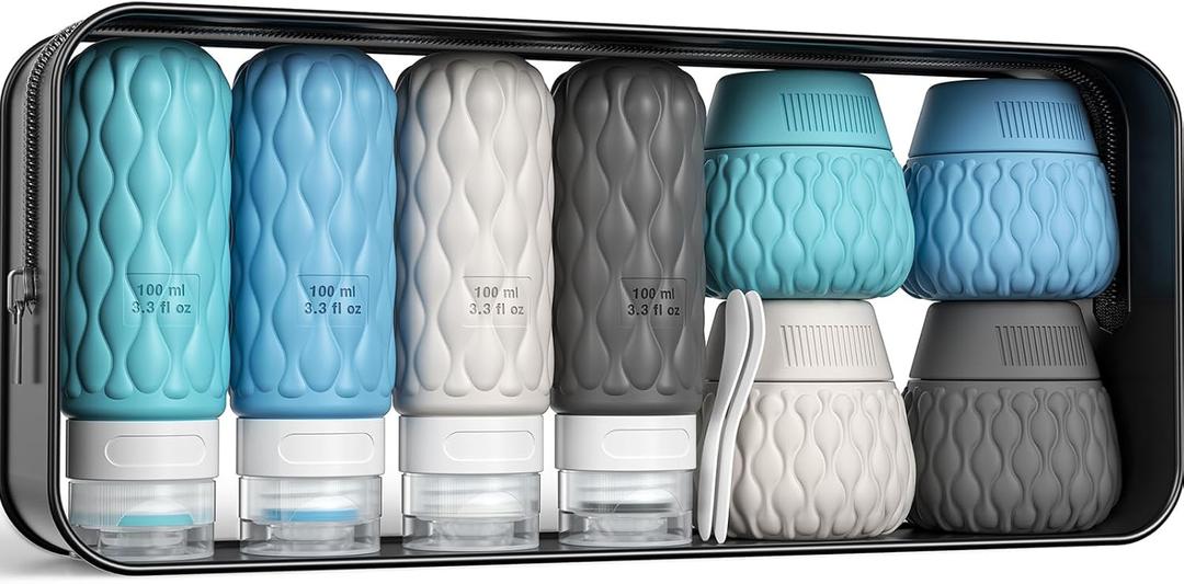Silicone Travel Bottles for Toiletries 8 Pack Travel Size Toiletries 3.4 oz 1.7 oz, Leakproof Squeeze Travel Size Containers Refillable Cosmetic Jars Set for Shampoo, Conditioner, Creams (Blue/Deep Blue/Grey/Deep Grey)