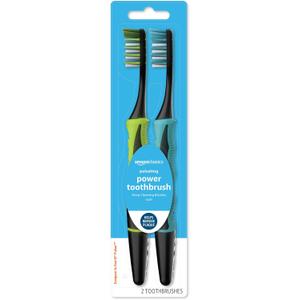 Amazon Basics Soft Toothbrushes for Adults - Pulsating Deep Cleaning with Soft Bristles, 2 Count, Assorted Colors