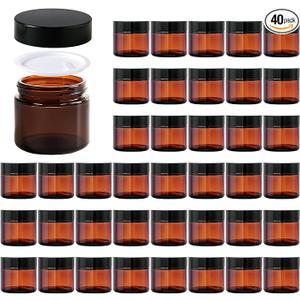 2oz Jars with Lids, HOA Kinh 40 Pack Amber Glass Jars with Lids Empty Cosmetic Containers Round Airtight Glass Jar with Black Lid for Storing Lotions Powders Ointments
