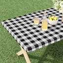 misaya Buffalo Rectangle Picnic Tablecloth, 6 Foot Elastic Fitted Vinyl Table Cloth with Flannel Backing, Waterproof Plaid Table Covers for Dining, Camping, Outdoor (Black and White, 30" x 72")