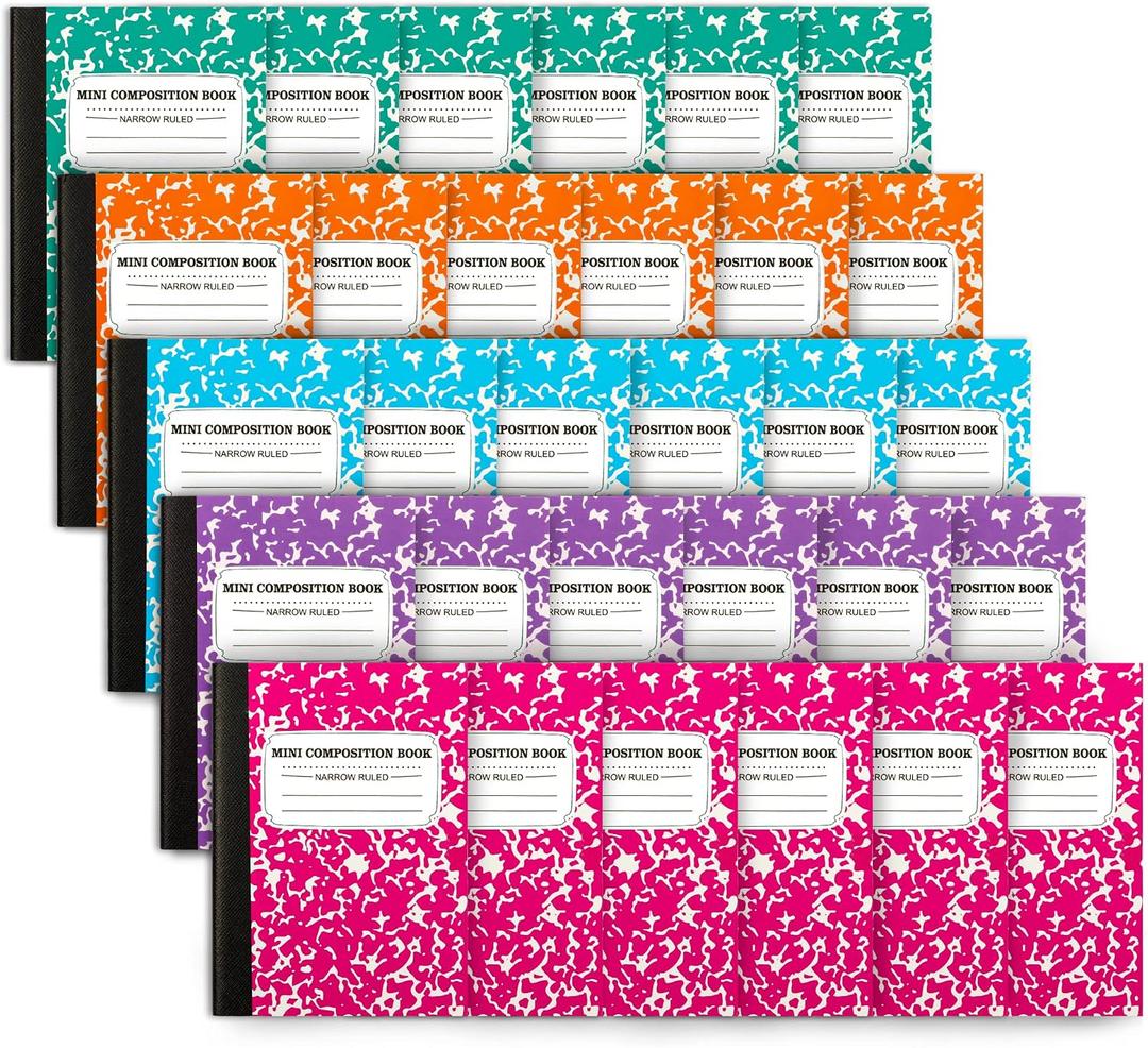 feela Mini Composition Notebook, Cute 30 Pack 5 Pastel Colors Narrow Ruled Mini Composition Books Bulk, Small Pocket Marble Journal Notebooks for Kids Students College, Pocket Size 4.5 x 3.25 in