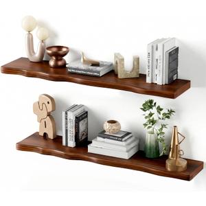 Solid Wood Live Edge Floating Shelves Set of 2 36" Rustic Wall Shelf with Hidden Bracket System, Wall Mounted Shelves for Bathroom, Kitchen, Living Room, Bedroom (Walnut)