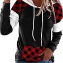 LLHXRUI Merry Christmas Buffalo Plaid Tree Striped Splicing Hoodie Shirt Blouse for Women Christmas Color Block T Shirt Top XL
