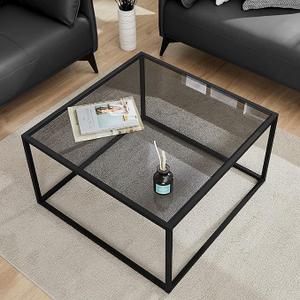 SAYGOER Glass Coffee Table, Small Modern Coffee Table Square Simple Center Tables for Living Room 26.7 x 26.7 x 17.7 Inches, Gray Black