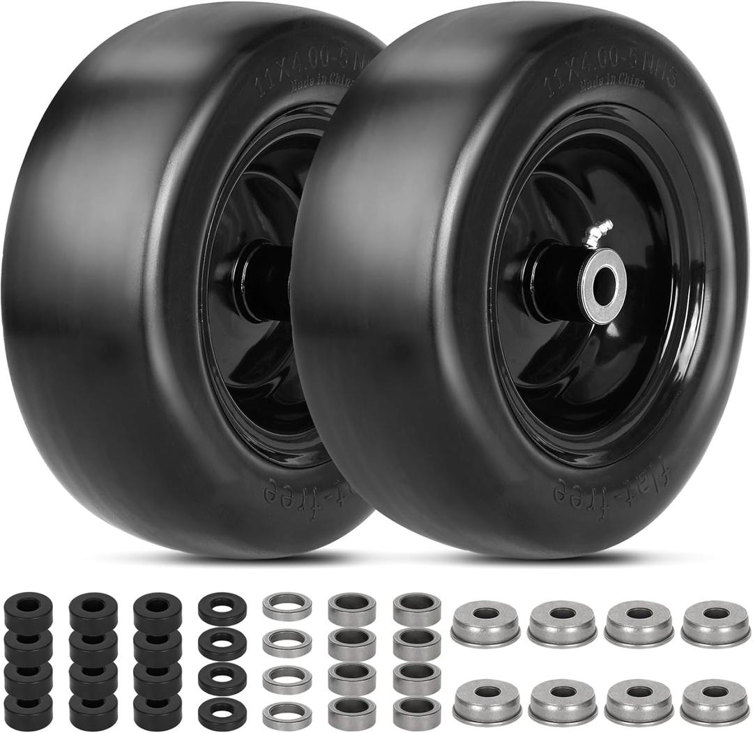 2 PCS 11x4.00-5" Lawn Mower Tires Flat Free,3/4" 5/8" 1/2" Bushing,3.4"-4"-4.5"-5" Centered Hub,Universal Fit Smooth Tread Tire for Zero Turn Lawn Mowers, with Universal Adapter Kit(Blcak Rim)