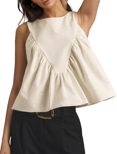 Wyeysyt Peplum Tops for Women Shirred Swing Tank Tops Pleated Flowy Vest Casual Sleeveless Blouse Loose Fit Ruffled Shirts, Size Medium, White  