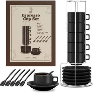 Houseables Espresso Cup Set, Espresso Cups Stackable, Expresso, Demitasse, with Saucers, Stand, Spoons, Coffee Mugs, Juego De Tazas Para Cafe, Porcelain, Stacking, 19 Pieces, Set of 6, 2.5 oz, Black