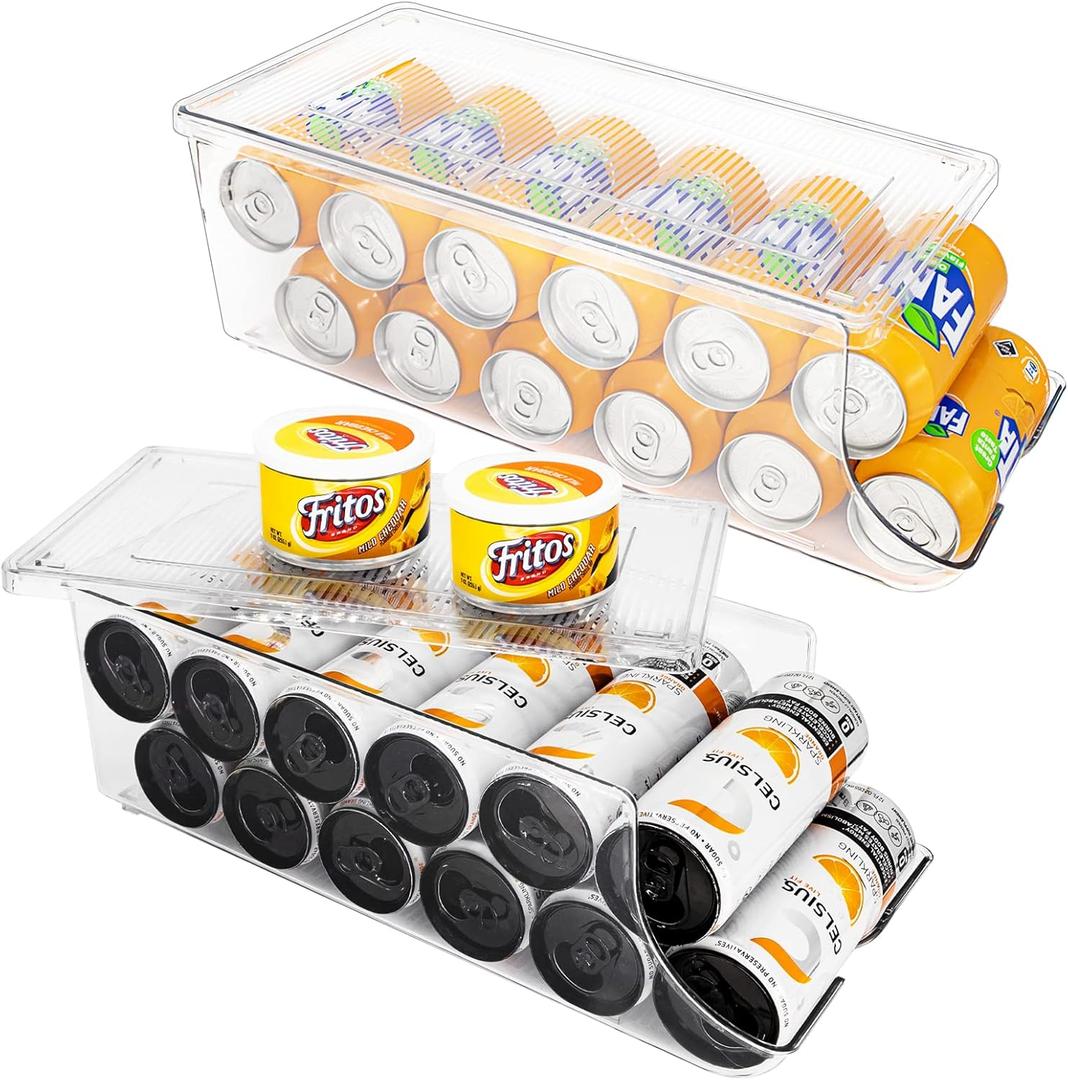 Standard & Skinny Can Organizer for Refrigerator, Stackable Soda Pop Holder Dispenser With Lid for Fridge Pantry Rack Freezer, Clear Plastic Storage Bins-Holds 12 Cans Each (Clear)