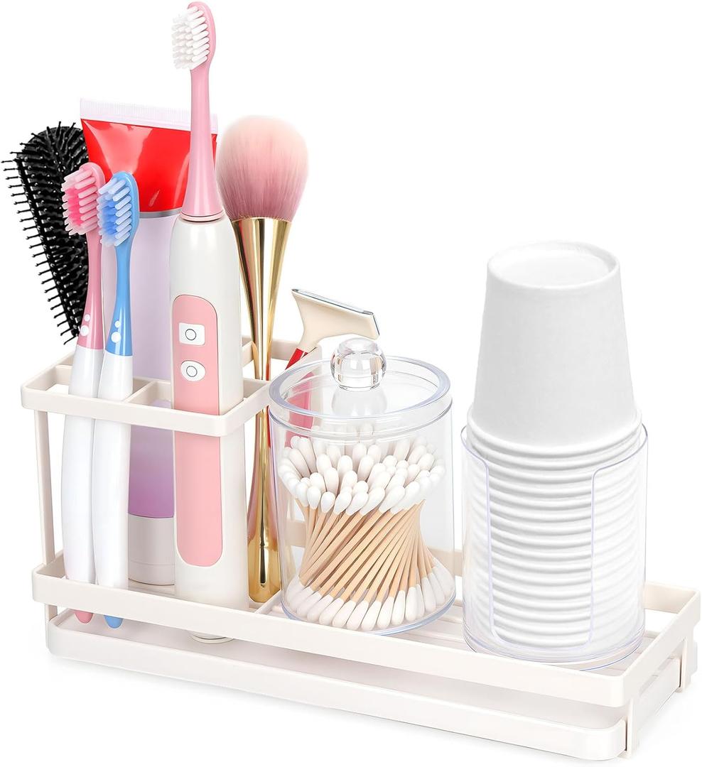 Tooth Brush Holders for Bathrooms, Stainless Steel Electric Toothbrush Toothpaste Holder Bathroom Countertop Organizers for Sink with Drainage Tray Cotton Swab & Cups Dispenser Set (White)