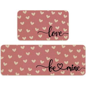 JarThenaAMCS 2 Pcs Pink Love Heart Valentine's Day Kitchen Mat White Heart Kitchen Rug Non Slip Rectangle Doormat Floor Mat for Home Entrance Porch Decoration,17 x 29 and 17 x 47 Inch
