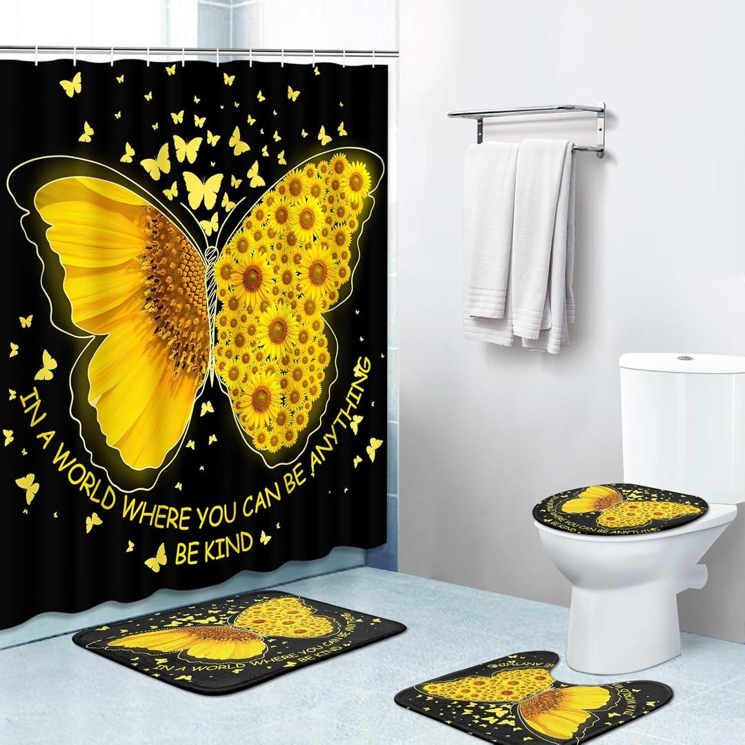4 Piece Shower Curtain Sets, Sunflower Leaf Summer Gold with Non-Slip Rugs, Toilet Lid Cover and Bath Mat, for Bathroom Decor Set, 72" x 72" 4 Piece Shower Curtain Sets, Sunflower Leaf Summer Gold with Non-Slip Rugs, Toilet Lid Cover and Bath Mat, for Bathroom Decor Set, 72" x 72"