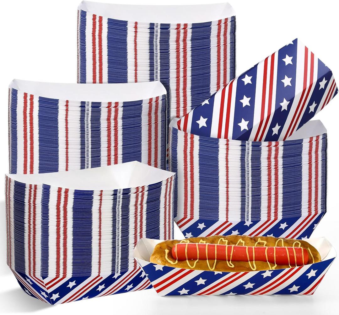 Havawish 100 Pcs 4th of July Hot Dog Food Trays 9.5 x 5 x 2.2 Inch Patriotic Disposable Large Paper Food Tray Red White Blue Pattern Independence Day Memorial Day Party Decoration (Classic)