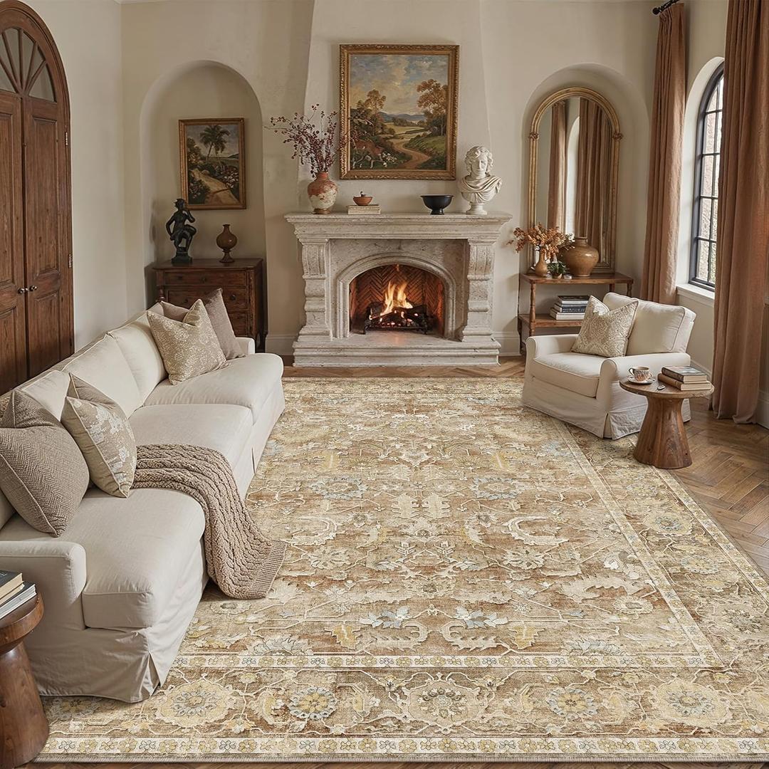 9x12 Area Rug for Living Room, Washable Non Slip Vintage Distressed Large Rugs,Low Pile Ultra-Thin Indoor Carpet for Bedroom Dining Home Decor Office Beige Brown