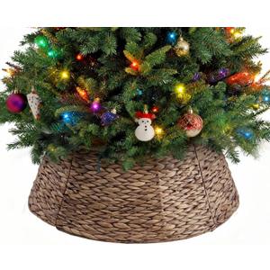 Sweetcrispy 24inch Christmas Tree Collar for 4-7ft Trees, Woven Hyacinth Rattan 4-Panel Collar w/Cord Access Hole & Easy Lock Design, Brown