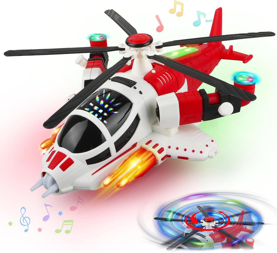 Helicopter Toy for Toddlers with Lights and Music, 360 Rotating Airplane Toy for Kids, Bump-and-Go Action, Birthday Gift for Boys Girls Ages 3-7 (Red)