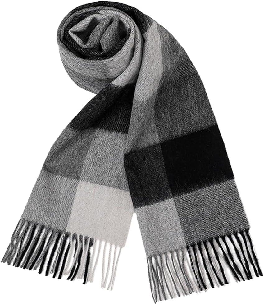Cashmere Wool Scarf Soft Warm Thick Plaid Winter Scarf Unisex for Women and Men with Gift Box (Black Gray Plaid)