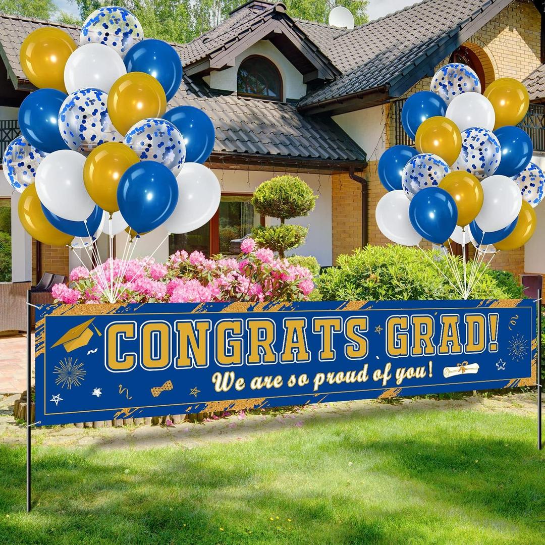 Tiamon 36 Pieces Class of 2025 Graduation Party Decorations Banner, Large Congrats Grad Banner with 35 Pieces Balloons 2025 Yard Signs for High School College Graduation Party Supplies(Blue)