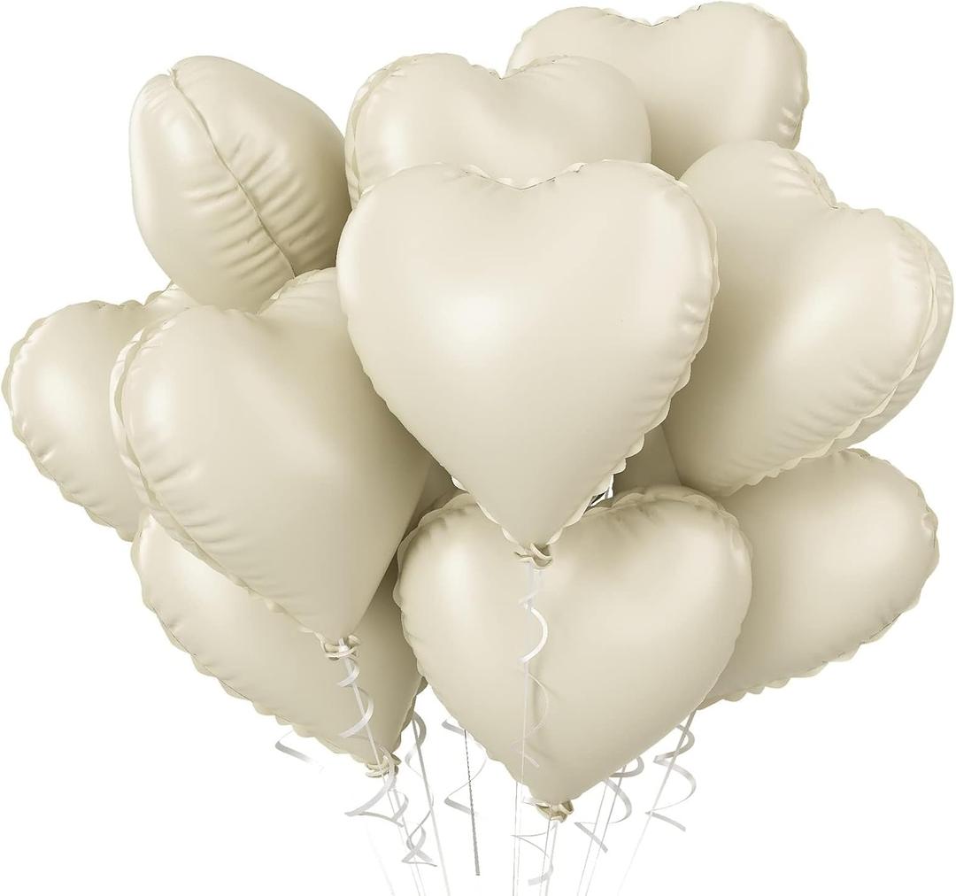 Cream Heart Balloons, 10PCS Cream White Foil Heart Shape Balloons, 18inch Beige Foil Valentine Balloons for Helium Nude Neutral Love Balloon for Valentines Day, White Wedding, Birthday Decorations