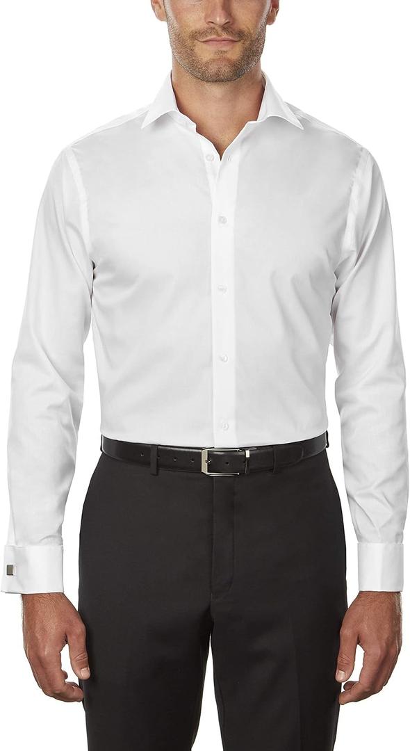 Calvin Klein Men's Regular Fit Herringbone French Cuff Non Iron Dress Shirt (16" Neck 32"-33" Sleeve, White)