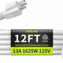 16/3 White Extension Cord 12 FT, Indoor Extension Cord for Laptops, Coffee Makers, Office Home Appliances, 3 Prong Resistant Cable Flexible, 13A 125V 1625W ETL Listed