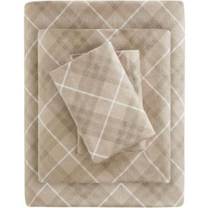 True North by Sleep Philosophy Cozy Flannel Warm 100% Cotton Sheet - Novelty Print Animals Stars Cute Ultra Soft Cold Weather Bedding Set, Cal King, Tan Plaid 4 Piece