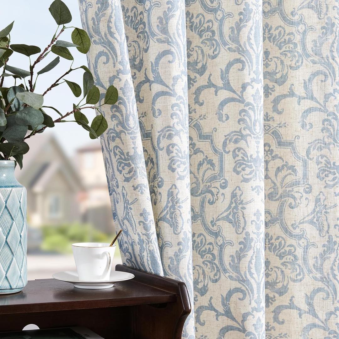 jinchan Linen Curtains for Bedroom Blue Curtains Damask Patterned 84 Inches Long for Living Room Light Filtering Vintage Curtains Baroque Style Drapes Grommet Window Treatments 2 Panels Set (52"W x 84"L (Pack of 2), Damask | Blue on Flax)