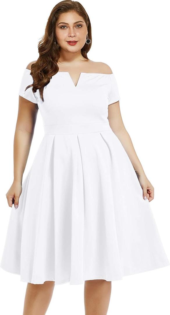LALAGEN Women's Plus Size Vintage 1950s Party Cocktail Wedding Swing Midi Dress (Large, White)