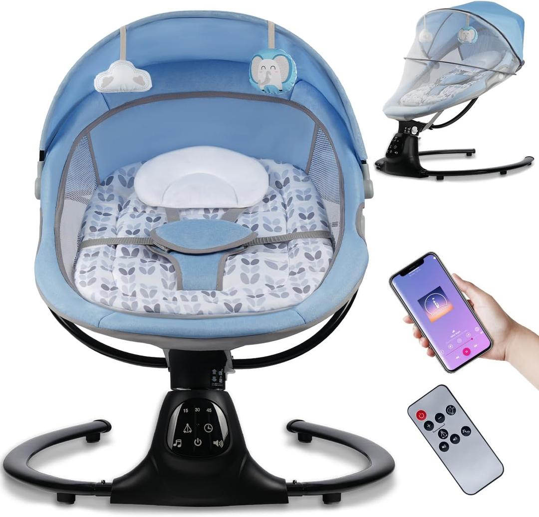 Baby Swing for Infants, 0-9 Months Baby Swing Support Music Playback, 5 Sway Speed, Electric Swing for Baby with Remote Control, Indoor & Outdoor Use (Blue)