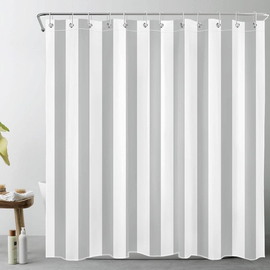 LB Grey and White Striped Fabric Shower Curtain for Bathroom with 12 Hooks, Vertical Stripe Shower Curtains for Bathroom, Modern Farmhouse Chic Style Bathroom Shower Curtains, 72x72 Inch
