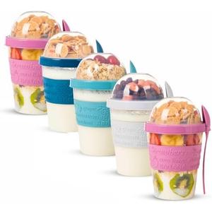 EYNEL On The Go Cereal Yogurt Cups with Lids and Spoon, Overnight Oats Container, Reusable Parfait Plastic Milk Jar Breakfast Crunch Granola Oatmeal Smoothie Snack Prep Bowl To Take Along, Pack 5