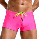 Men's Bright Color Swim Trunks, Sexy Stretch Swimwear, Drawsting Low-Rise Square-Leg (Medium, Neon Pink)