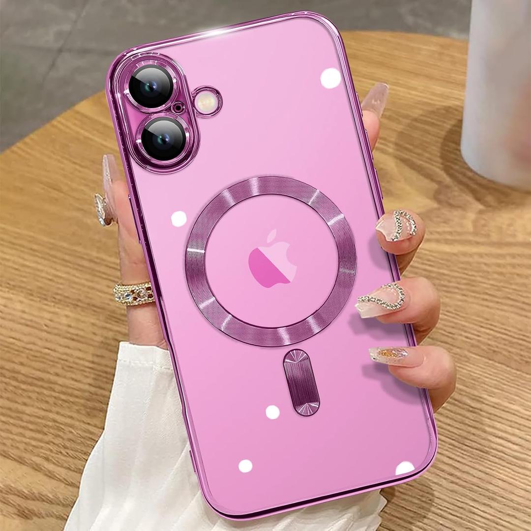 ZIYE Magnetic Case Made for iPhone 16 6.1 Inch [Compatible with MagSafe] Full Camera Lens Protection, Clear Luxury Phone Cover Soft TPU Bumper Drop Protective Case for iPhone 16 Women Men, Hot Pink