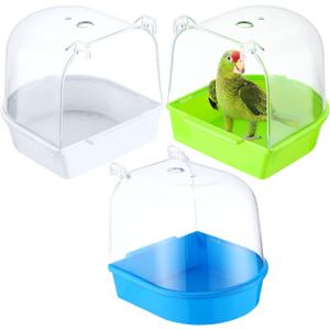 3 Pieces Clear Bird Bath for Cage Parakeet Bird Cage Accessories Hanging Bath Box Parrot Bathing Tub with Clear View for Cockatiel Conure Canary Budgies Parrots Blue Green White (Classic Colors)