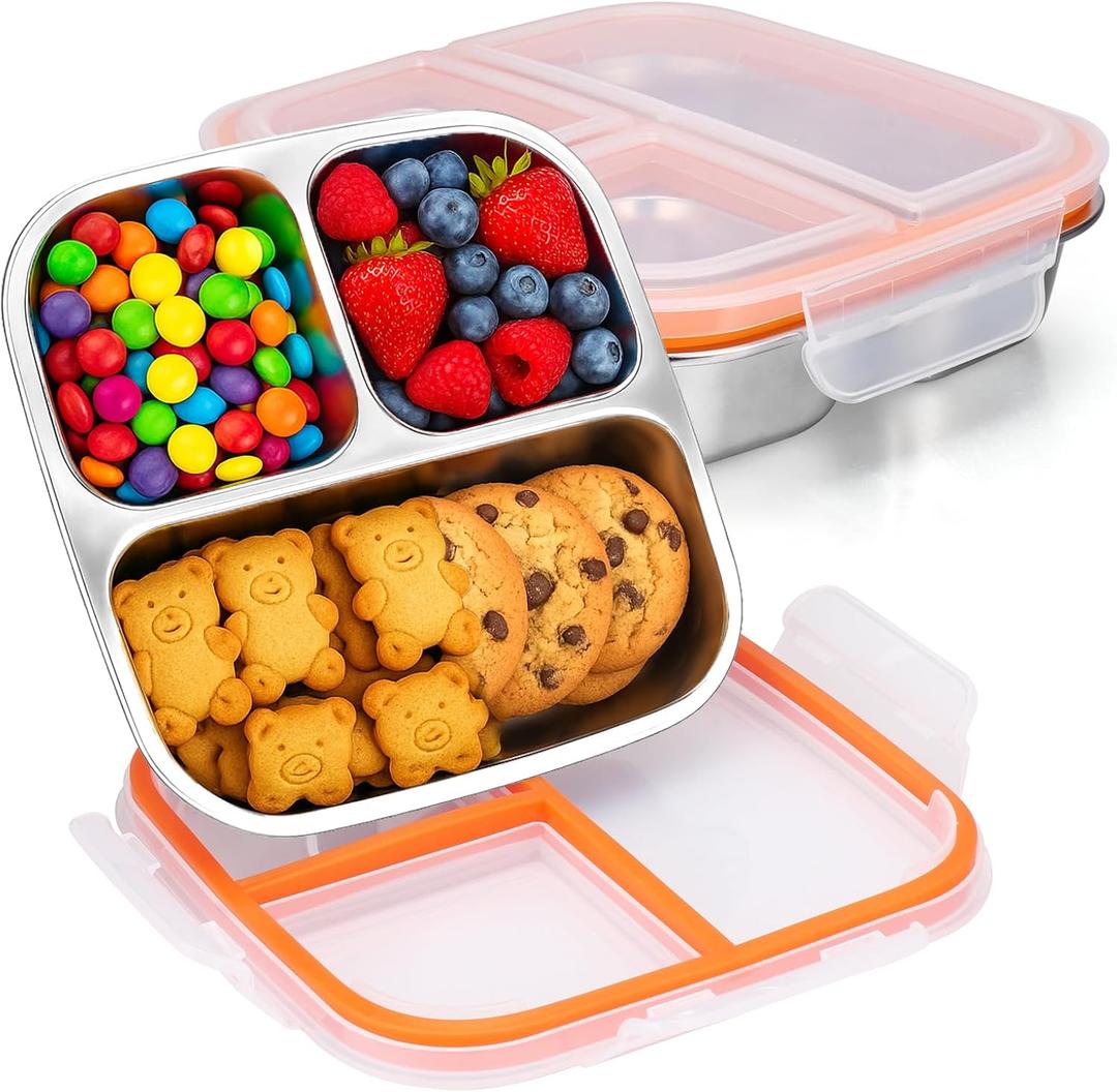 Palksky Snackle Box Container Stainless Steel, 2Pack Reusable Snack Bento Box with Lids, 3 Compartments Metal Food Storage Containers for Picnic, Travel