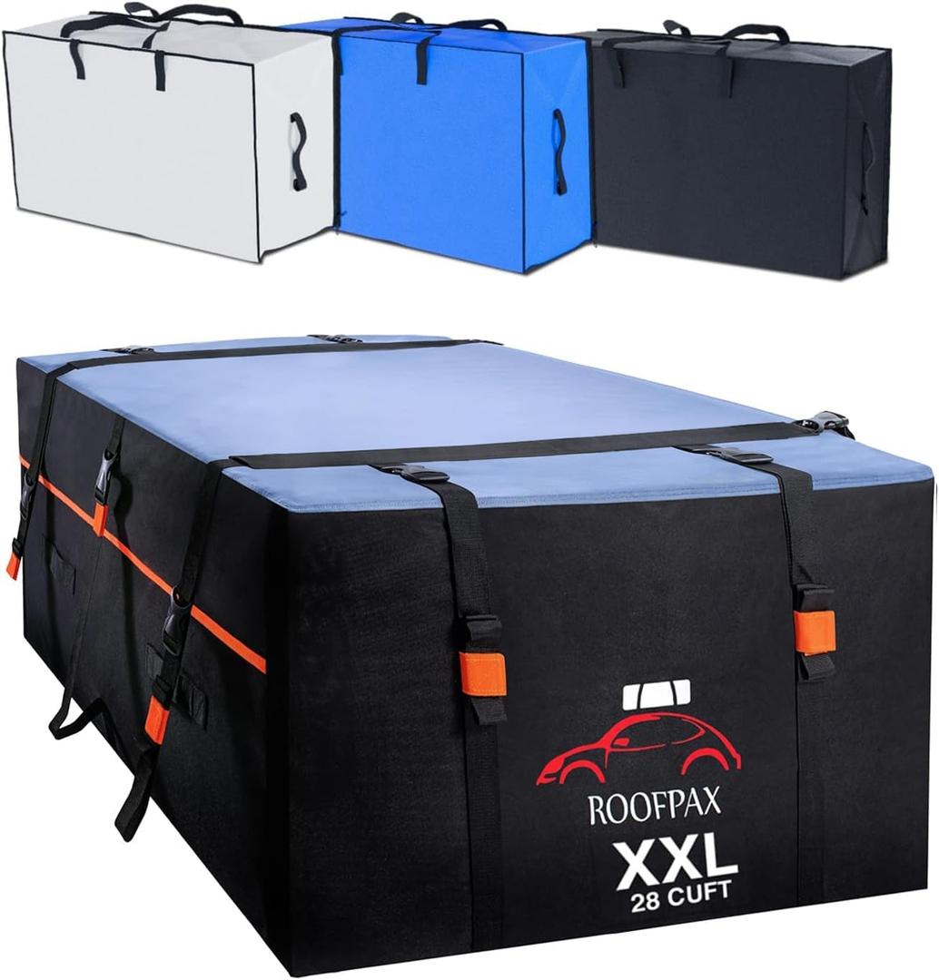 RoofPax XXL 28 cuft Car Rooftop Cargo Carrier Bag Extra Waterproof Car Roof Storage with 10 Heavy Duty Tie Down Straps and 4 Hooks Roof Bag Cargo Carrier for Top of Vehicle with/Without Rack