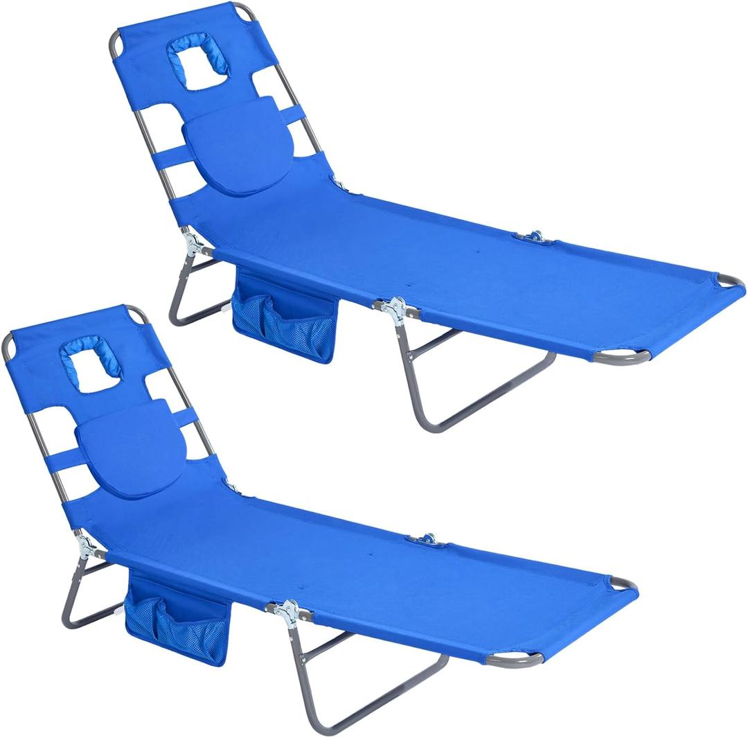 SUNNYFEEL Lay Flat Tanning Chair 2 Pack with Face Down Hole & Arm Slots, Backpack Beach Lounge Chair, 5-Position Folding Sunbathing Chair, 300 LBS Heavy Duty, 72" L x 22" W for Beach, Pool, Camping, Standard -2PCS