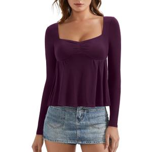 OMKAGI Cute Peplum Babydoll Tops for Women Going Out Double Layer Long Sleeve Shirts (Purple, M)