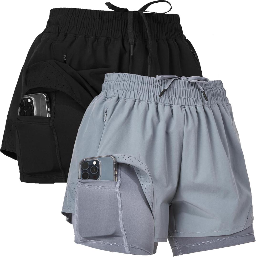 Ultra Performance Gym Shorts Women Pack of 2, Nylon Compression Workout Shorts Women with Liner (X-Large, Black, Grey)