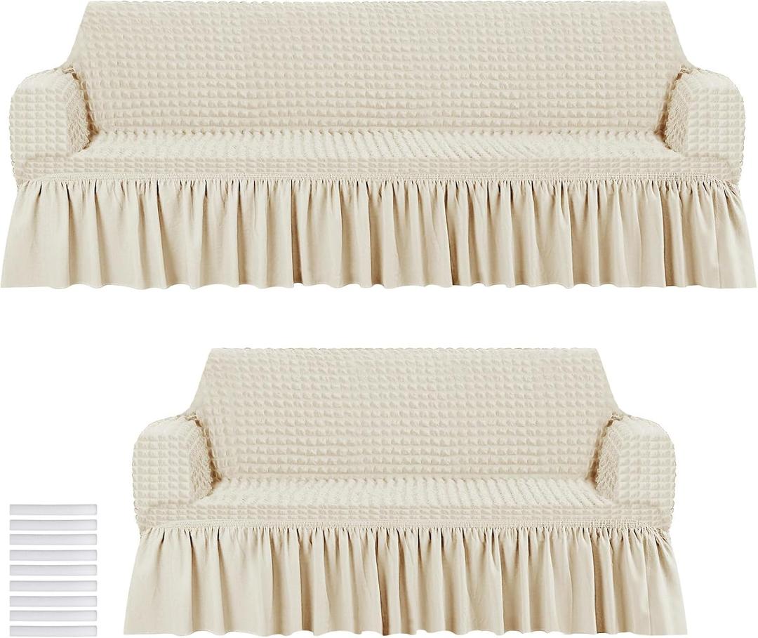 2 Pcs Sofa Slipcover Set for Couch Cushion Couch Cover with Skirt Durable Washable High Elastic Stretchable Furniture Covers for Sofa Loveseat Arm Chair(Beige)