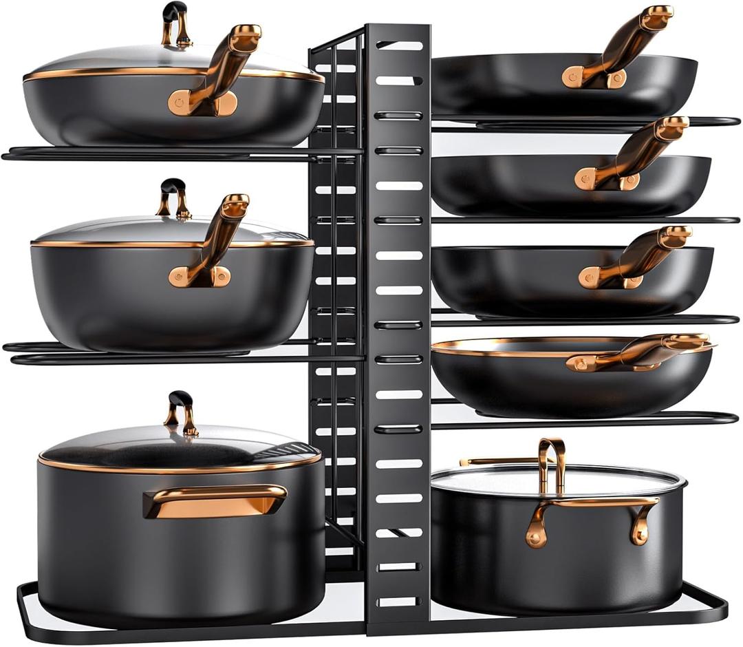 MUDEELA Pots and Pans Organizer : Rack under Cabinet, 8-Tier Kitchen Cabinet Organizers and Storage, Light-Duty Adjustable Pot Racks, Pan Organizers inside Cabinet with 3 DIY Methods
