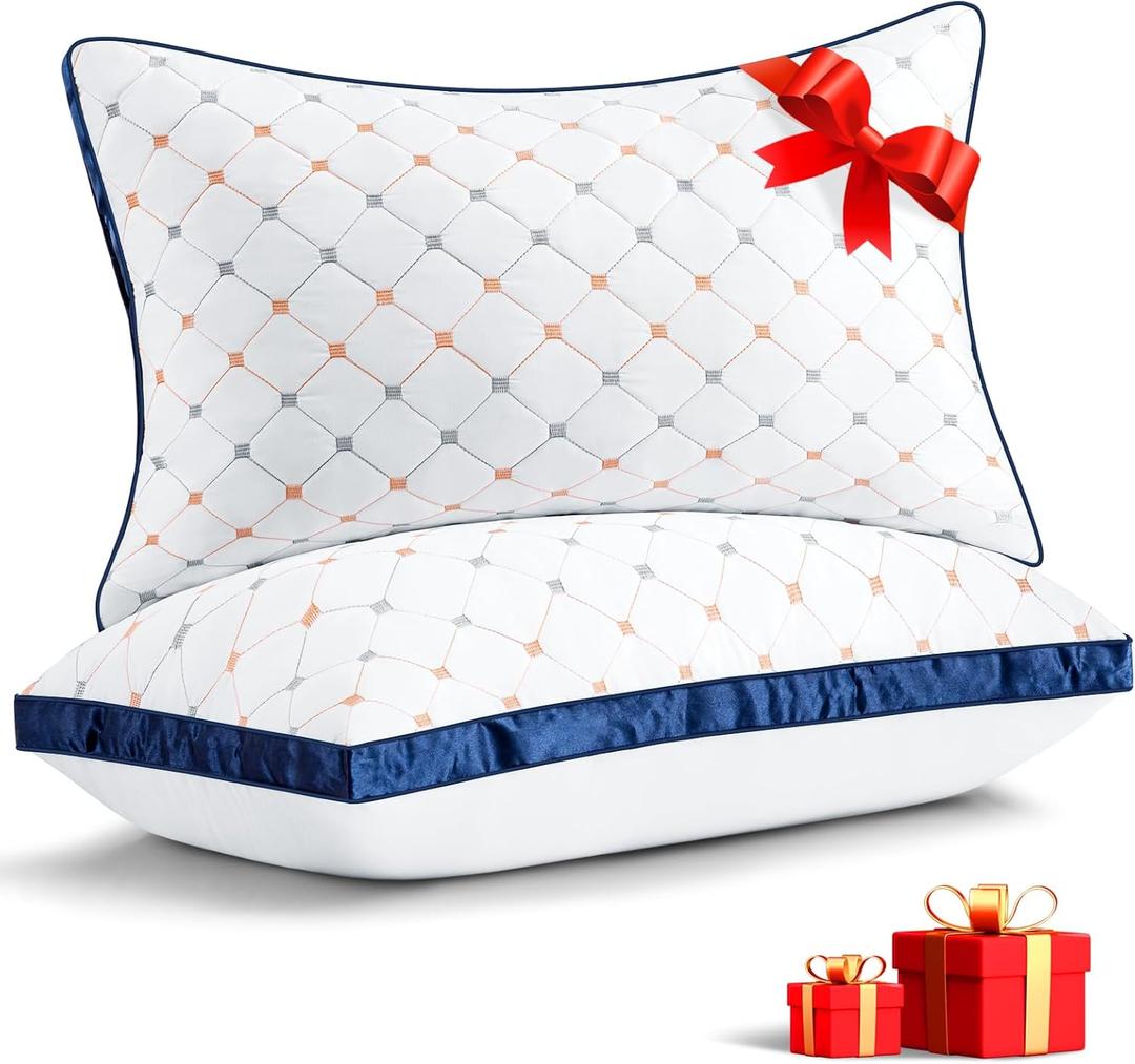 Bed Pillows Queen Size Set of 2, Luxury Hotel Quality Queen Bed Pillows, Fluffy Down Alternative Pillows 2 Pack for Sleeping, Soft Gusseted Pillows for Side, Back or Stomach Sleepers (White-blue) Bed Pillows Queen Size Set of 2, Luxury Hotel Quality Queen Bed Pillows, Fluffy Down Alternative Pillows 2 Pack for Sleeping, Soft Gusseted Pillows for Side, Back or Stomach Sleepers (White-blue)