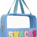 Snack Bags Chenille Letter Patch Clear Bag Snacks Bag for Travel, Preppy Cosmetic Bag Snacks Pouch with Zipper, Toiletry Bag for Traveling women, Clear Travel Bags for Toiletries (Blue-Snack)