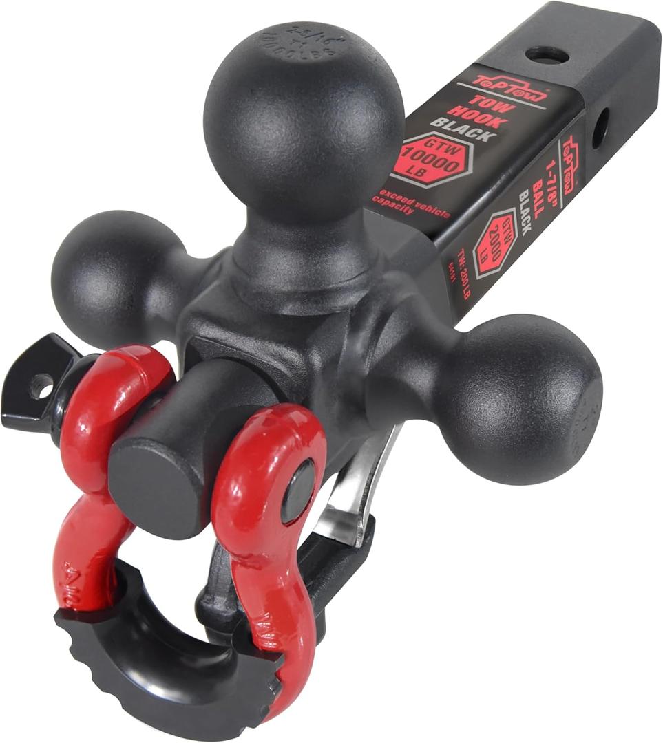 TOPTOW Recovery Shackle Ball Hitch Mount w/Matte Black Triple Tow Ball, 2-in Shank, Multi Fit for 2 inch Trailer Hitch Receiver Box (Black Ball Red Shackle)