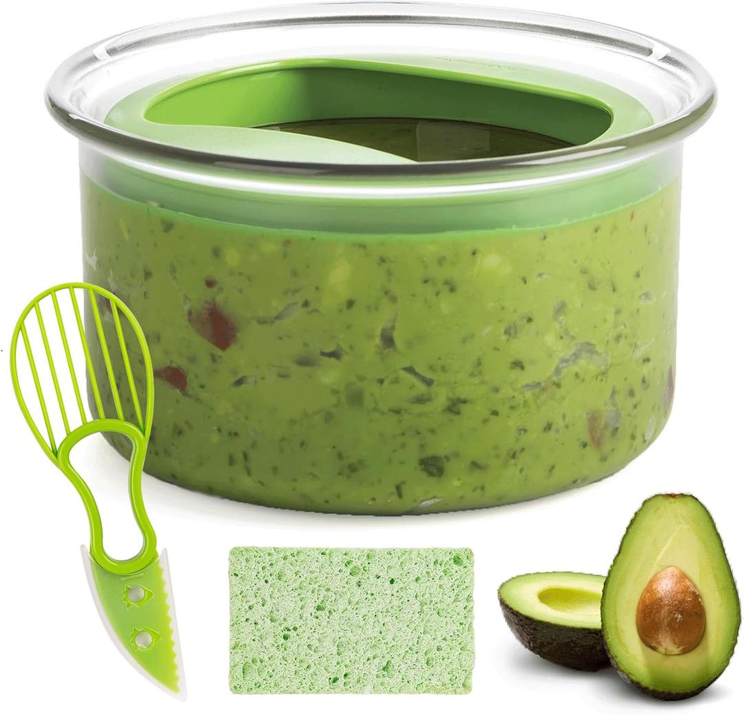 Guacamole Keeper(1 Pcs), Guacamole Bowls, Avocado Keeper Fresh Guacamole Plastic Kitchen Storage Container with Air Tight Lid, 3-in-1 Avocado Slicer and Cleaning sponge