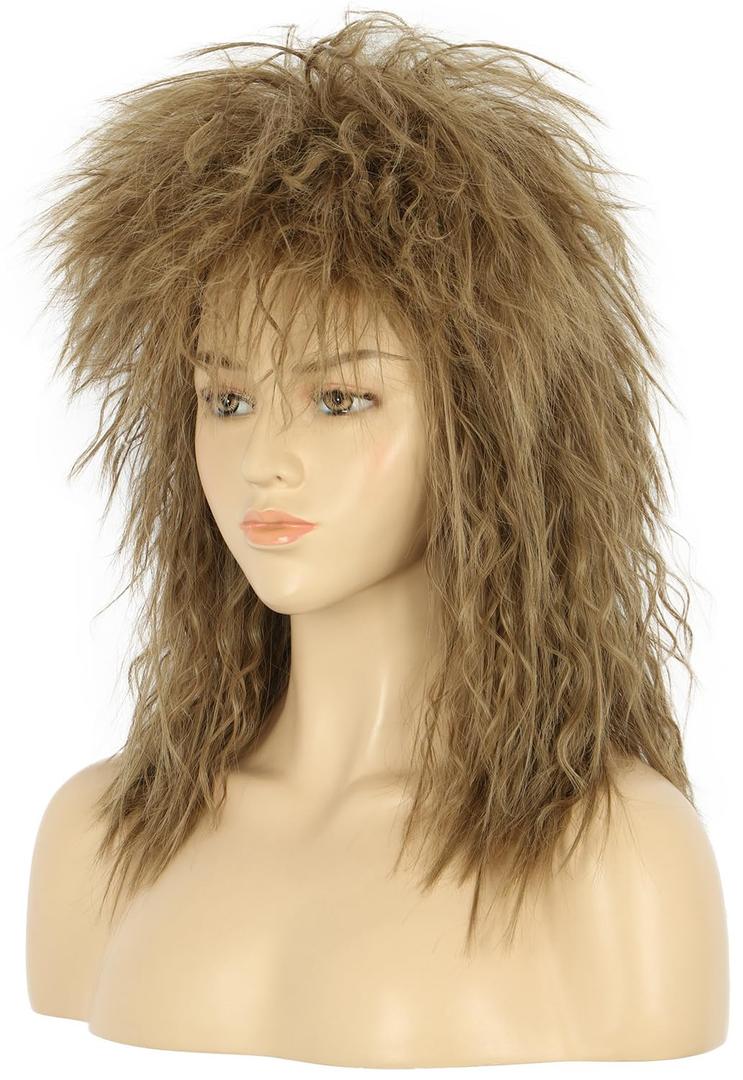 VGbeaty Women Shoulder Length Curly Light Brown Metal Punk Rocker Disco Mullet Wig For Cosplay Party Halloween Costume Anime