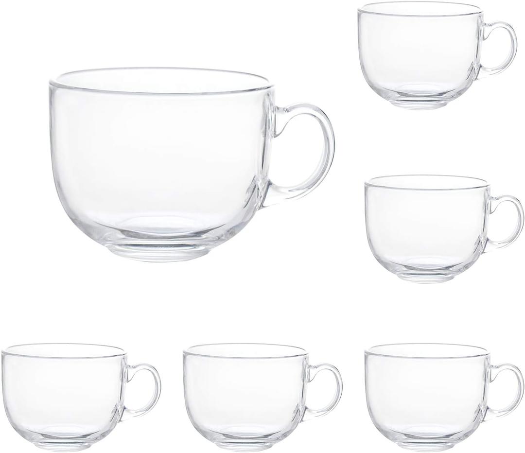 Maredash 16oz Glass Jumbo Mugs With Handle For Coffee, Tea, Soup,Clear Drinking Cup,Set of 6